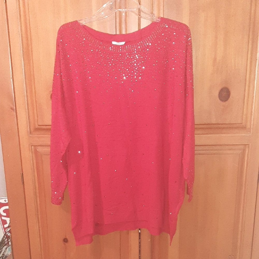 Women's Red Embellished Boatneck Sweater Top